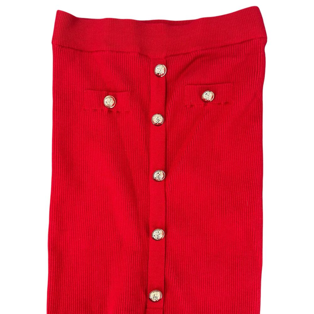 Cider Red Knit Ribbed Maxi Skirt Ornate Buttons Ruffled Mermaid Classic M New